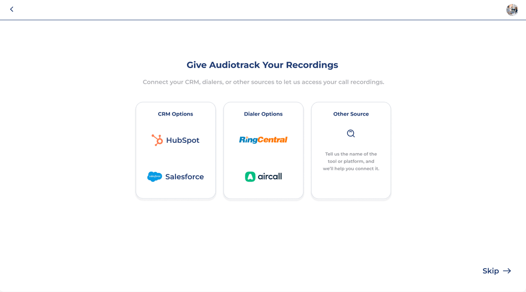 CRM and Dialer Integration interface showing HubSpot, Salesforce, RingCentral, and Aircall options